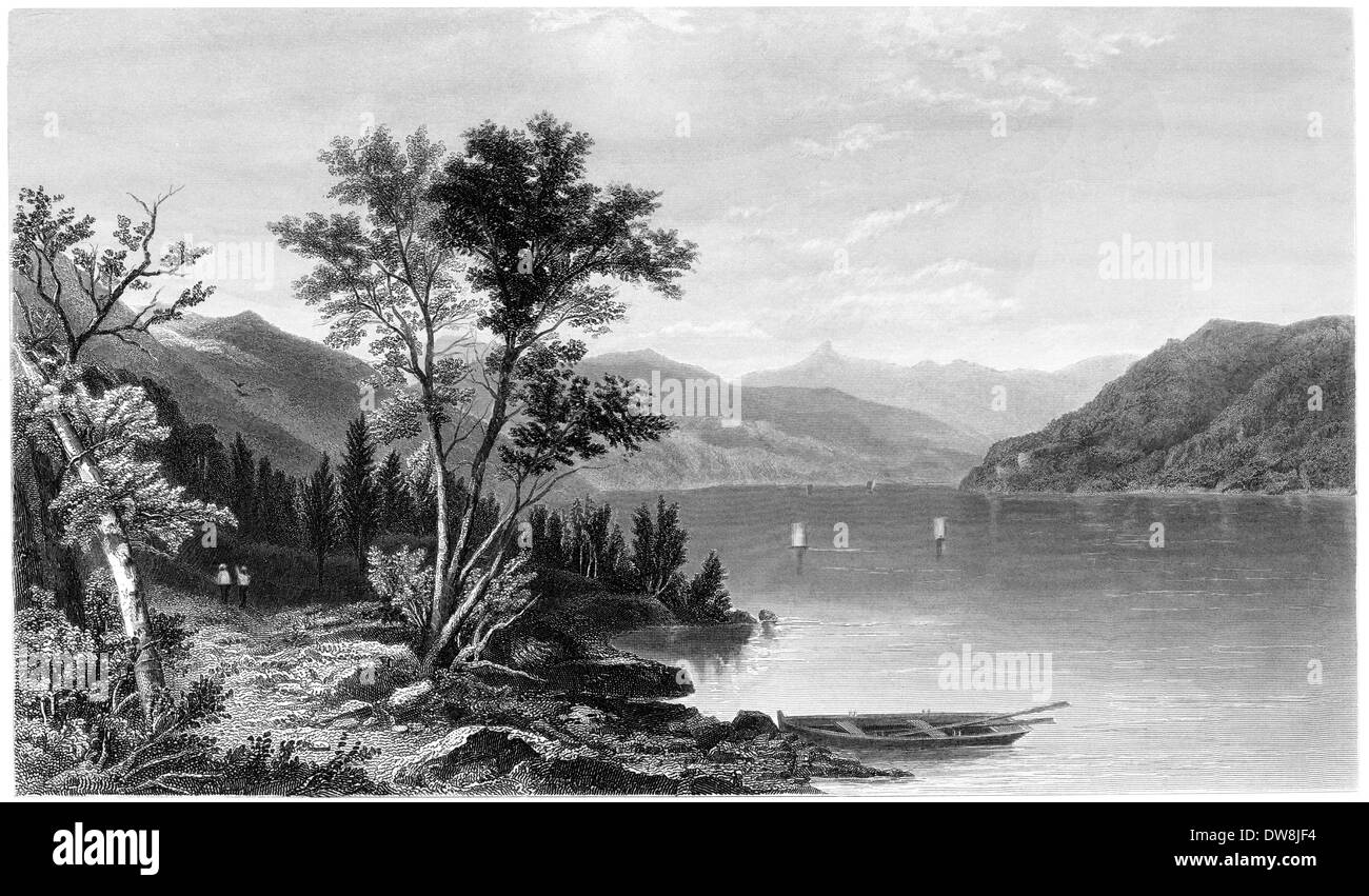 Eine Gravur "Lake George" Scannen mit hoher Auflösung aus einem Buch mit dem Titel veröffentlicht im Jahre 1874. Kostenlos copyright geglaubt. Stockfoto