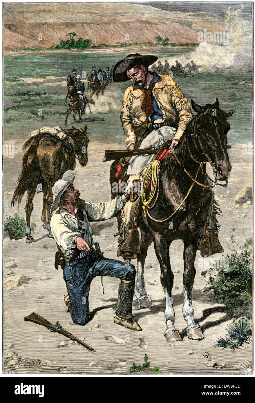 US-Armee Pfadfinder tracking Indianische Krieger auf dem westlichen Grenze, 1880. Hand - farbige Holzschnitt Stockfoto