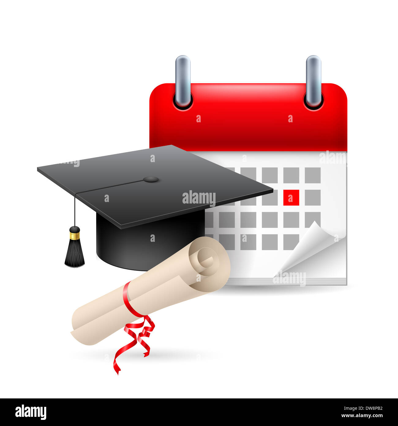 Graduation Hut, Scroll und Kalender mit markierten Tag. Fortbildungsveranstaltung Stockfoto