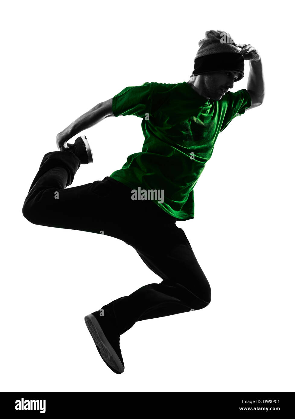 ein junger akrobatische Pause Tänzer Breakdance Mann in Silhouette weißen Hintergrund Stockfoto