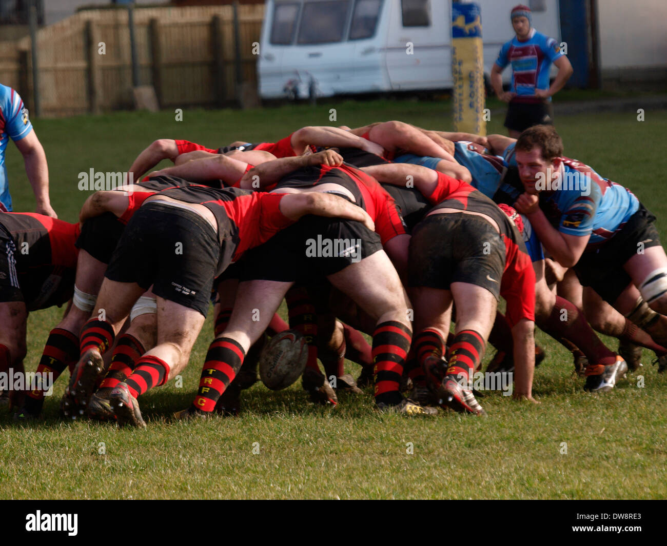 Scrum während Amateur Rugby match, Bude, Cornwall, UK Stockfoto