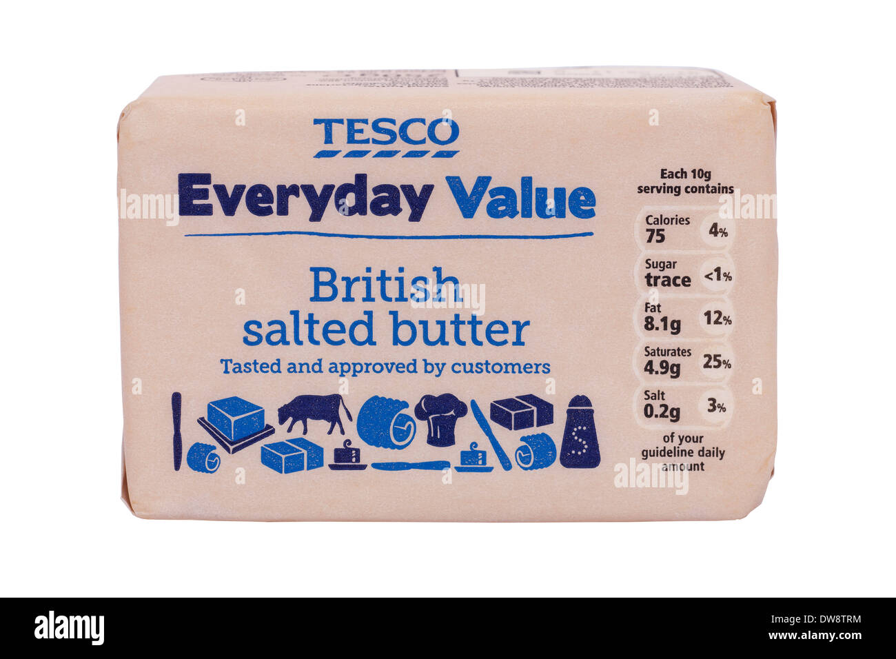 Ein Block von Tesco britische gesalzene Butter auf einem weißen Hintergrund Stockfoto