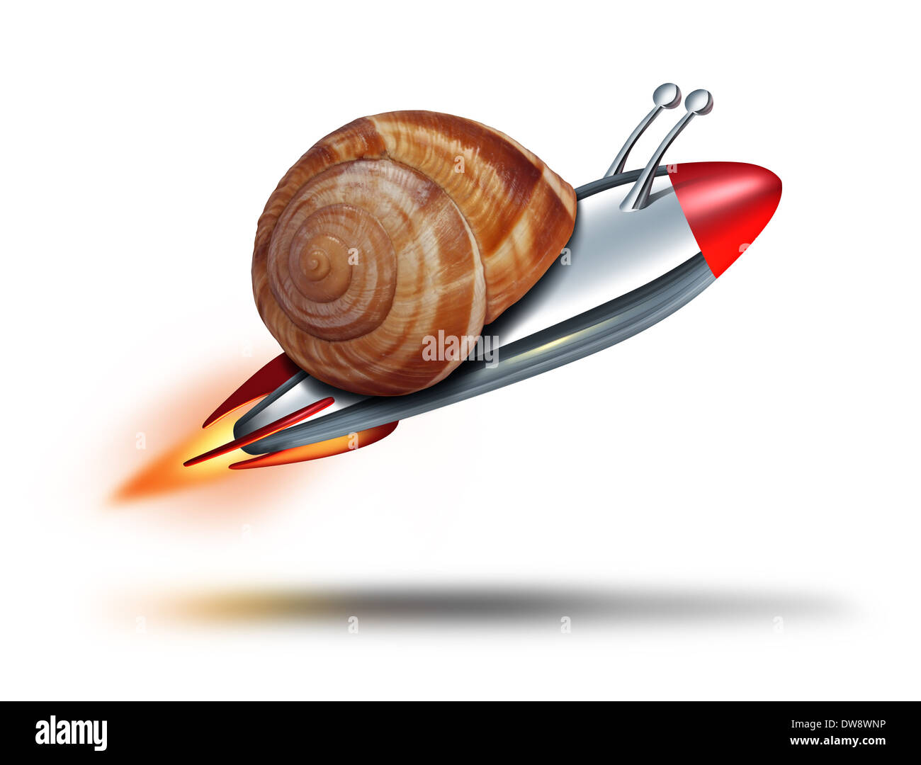 Schnelle Schnecke Speed-Konzept mit einer Molluske Shell wird geflogen von einem Raketenmotor als Geschäft Metapher für schnellen Service und compe Stockfoto