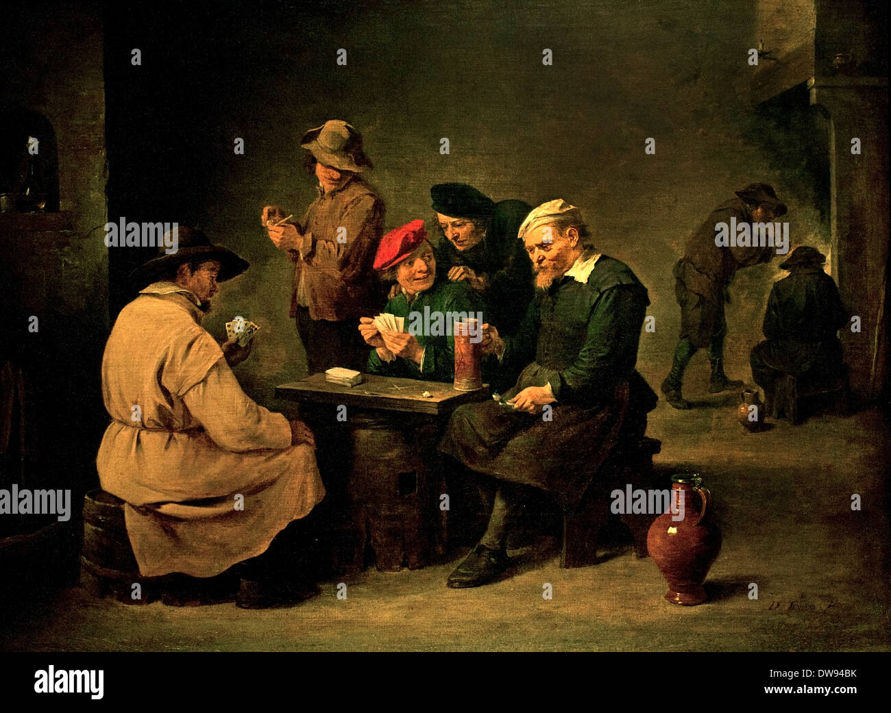 La Partie de Cartes - die Partei der Karten von David Teniers der jüngere (1610-1690) flämischen belgischen Belgiens Stockfoto