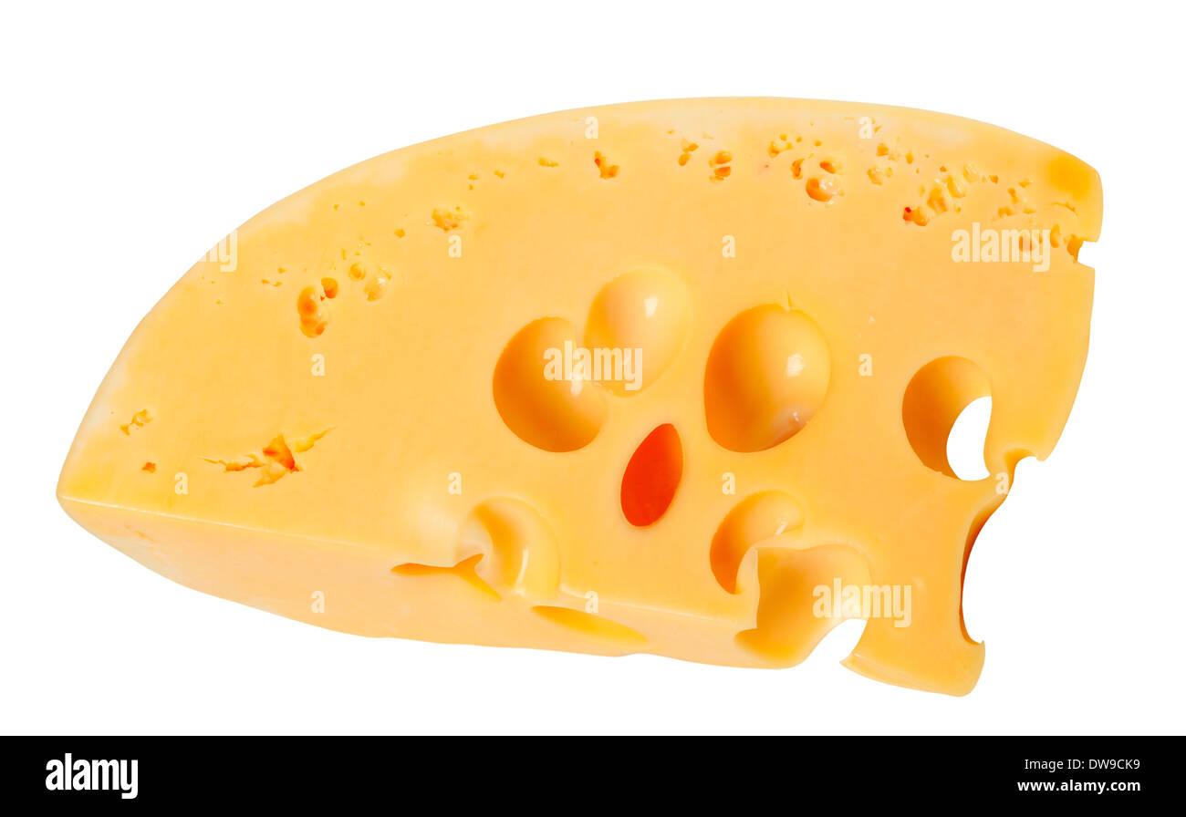 Stück Käse. Isoliert auf weißem Hintergrund. Stockfoto