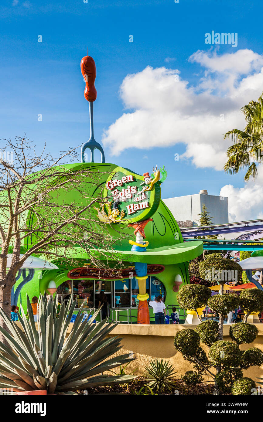 Green Eggs and Ham Restaurant in Seuss Landing at Universal Studios Islands of Adventure in Orlando, Florida Stockfoto