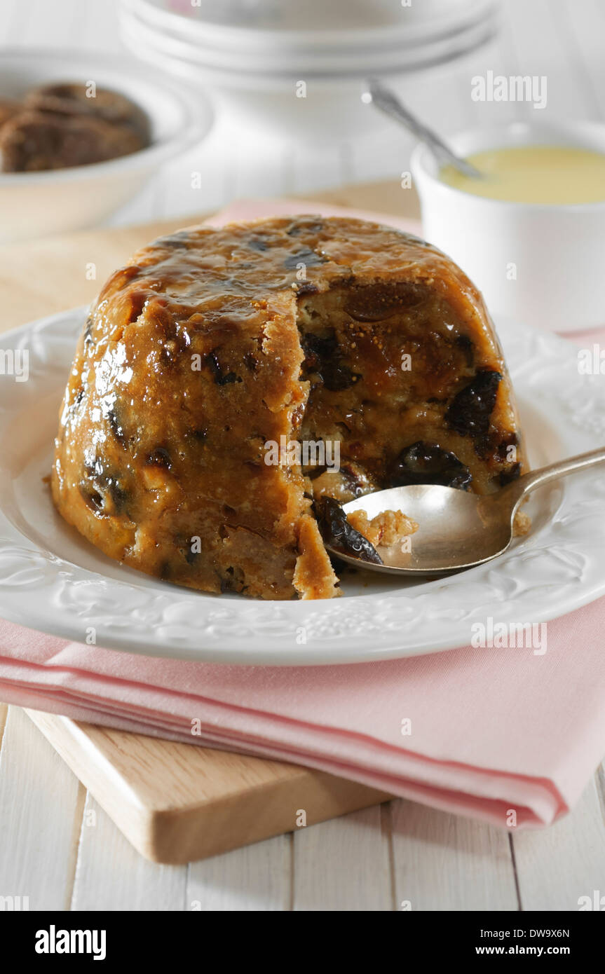 Figgy Pudding. Traditionellen Trockenfrüchten Dessert. UK Essen Stockfoto