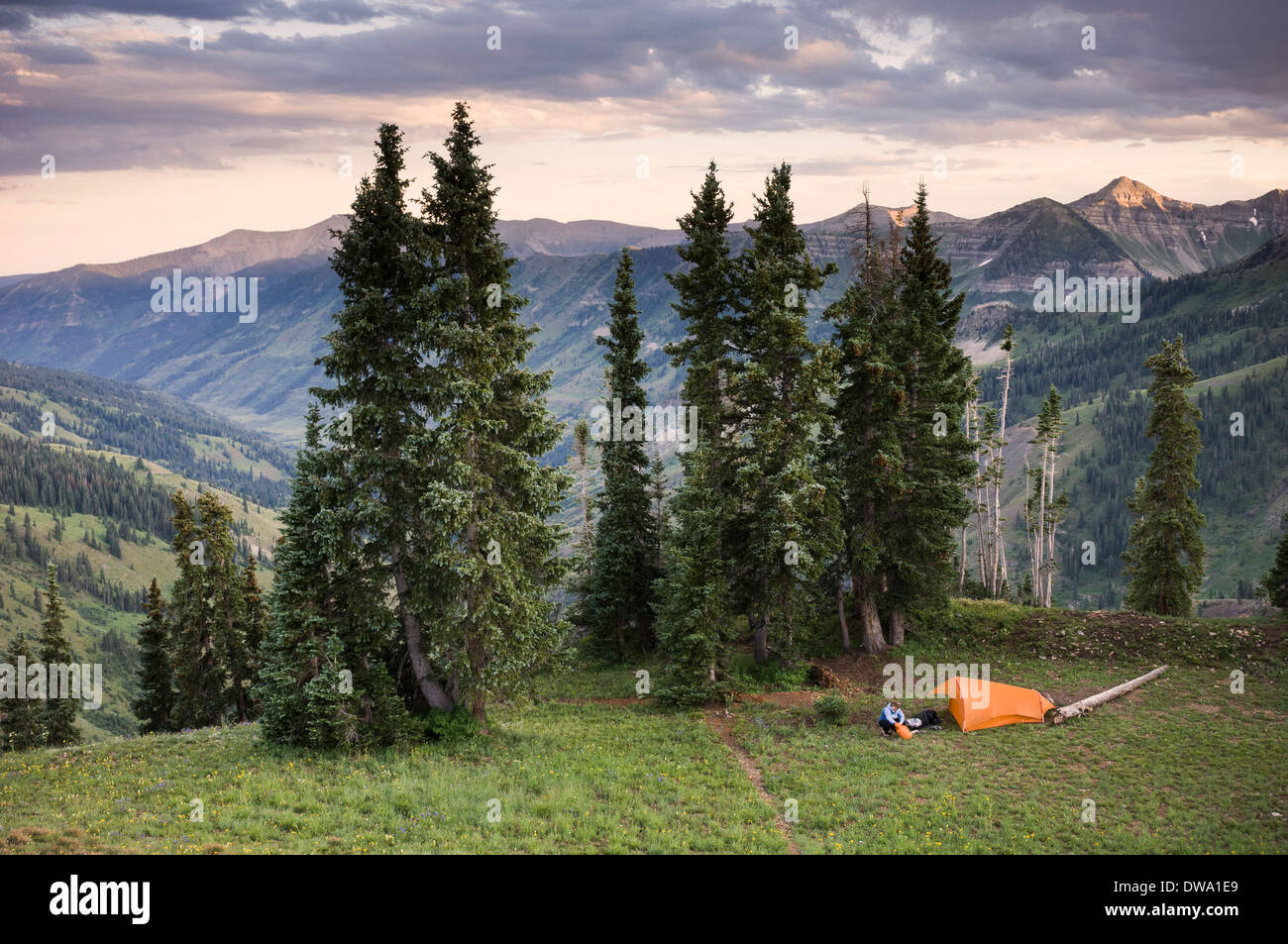 Frau, camping in der Nähe von Paradise teilen, Indian Peaks Wilderness, Colorado, USA Stockfoto