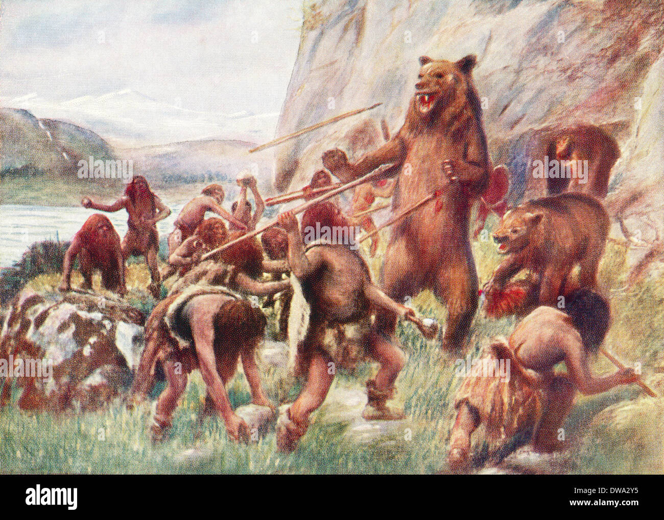 Steinzeit Menschen jagen wilde Bären. Stockfoto
