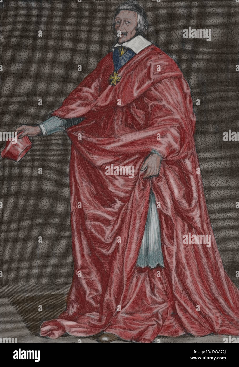 Kardinal Richelieu (1585-1642). Französischen katholischen Geistlichen und Staatsmann. Gravur-Ära. Spätere Färbung. Stockfoto