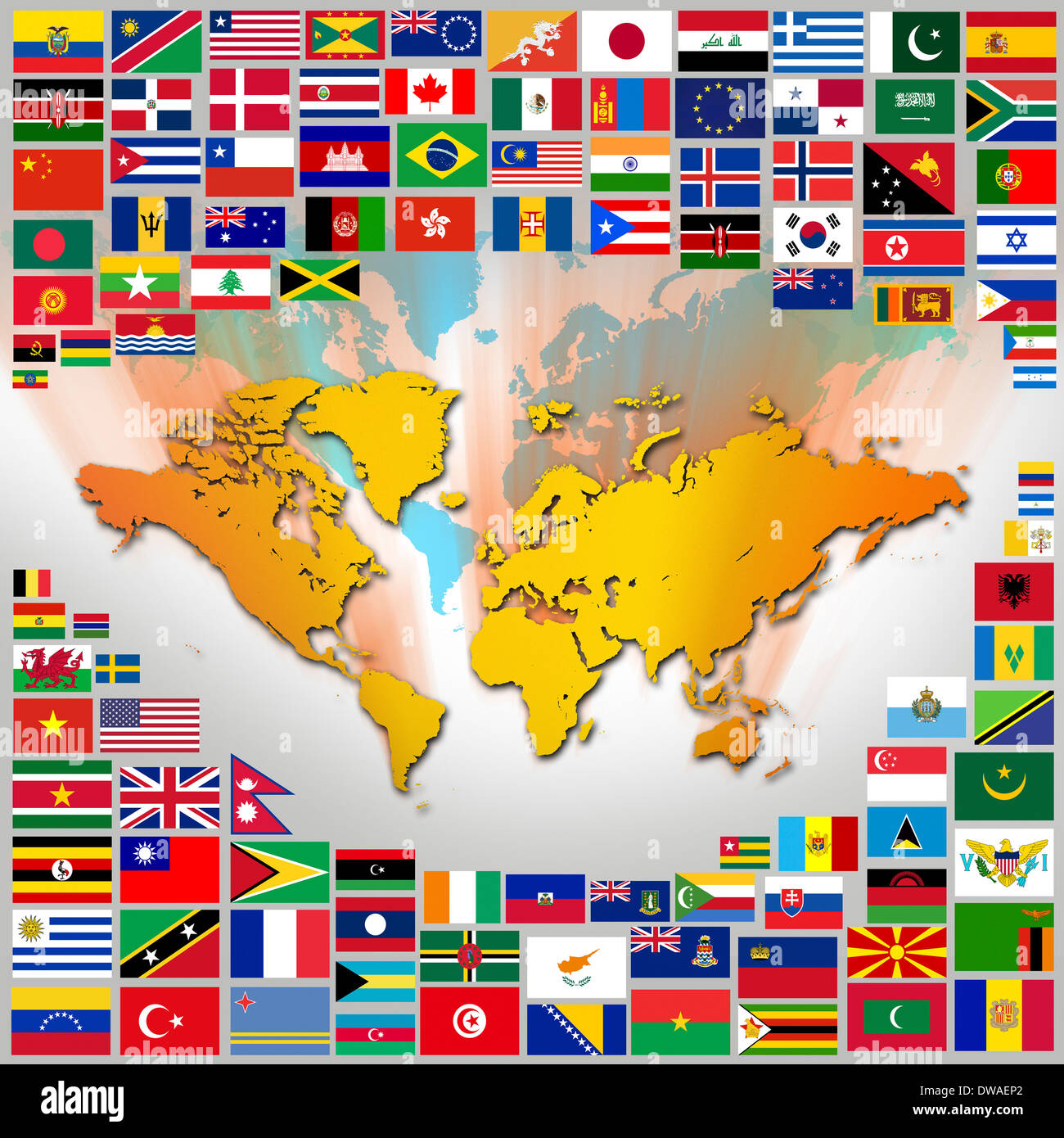 Fahnen und Weltkarte Stockfoto
