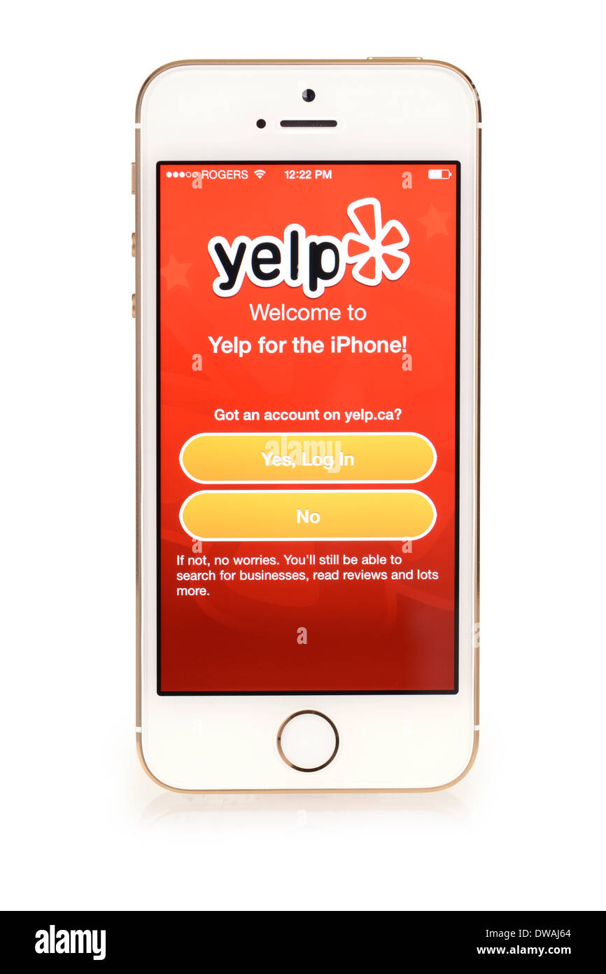 Yelp-Log im Login-Bildschirm auf iPhone 5 s, Apple kostenlose App auf iPhone 5 S Yelp Willkommens-Bildschirm installiert Stockfoto