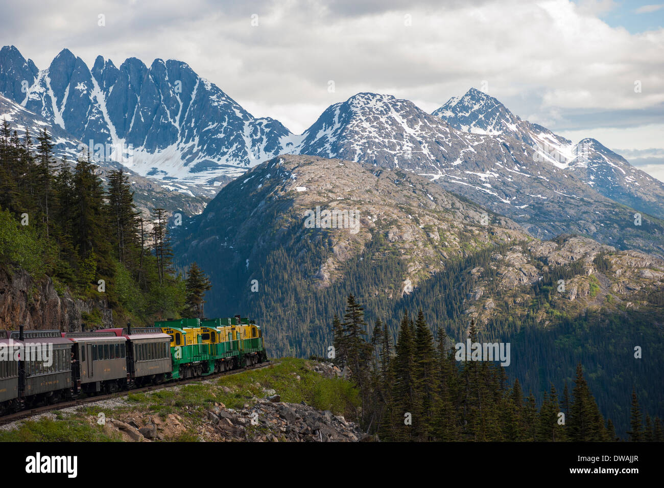 Horizontale Foto des historischen White Pass Yukon Route Railroad Zug, in der Nähe von Skagway, Alaska Stockfoto