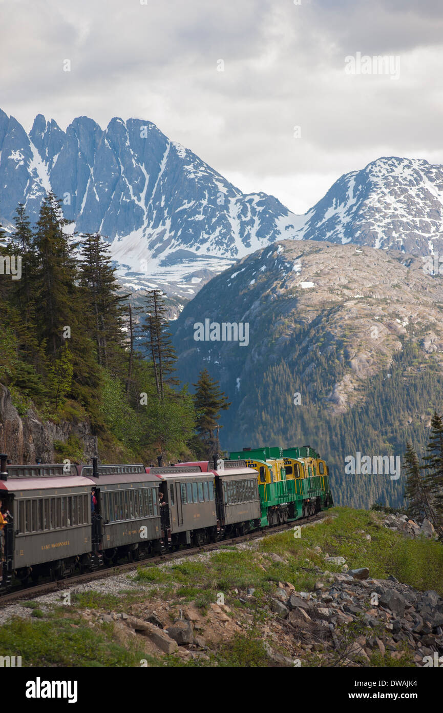 Foto des historischen White Pass Yukon Route Railroad Train, in der Nähe von Skagway, Alaska Stockfoto