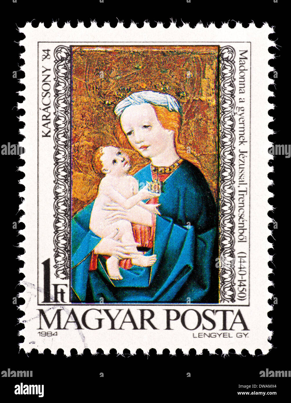 Briefmarke aus Ungarn, die Darstellung der Transceny Gemälde "Madonna mit Kind". Stockfoto