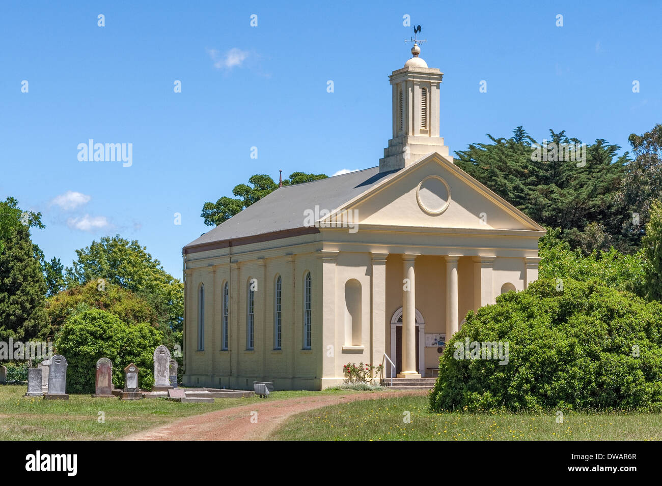 St Andrews Uniting Church, Presbyterianische, griechische Architektur, Evendale Stadt, mit georgianischen/viktorianischen Kolonialbauten, Tasmanien, Australien Stockfoto