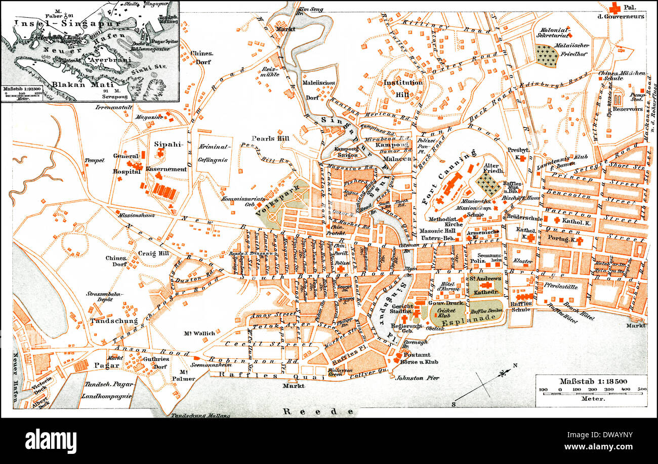 Historischer Stadtplan, Singapur, Asien, 19. Jahrhundert Stockfoto