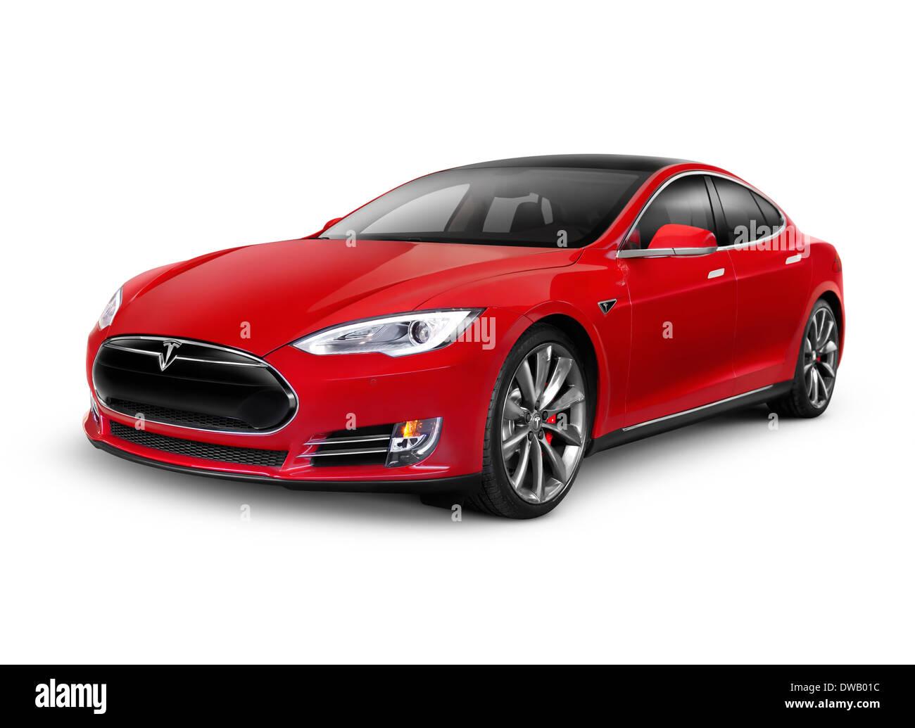 Führerschein und Ausdrucke bei MaximImages.com – Rot 2014 Tesla Model S Luxus-Elektroauto isoliert auf weißem Hintergrund mit Beschneidungspfad Stockfoto