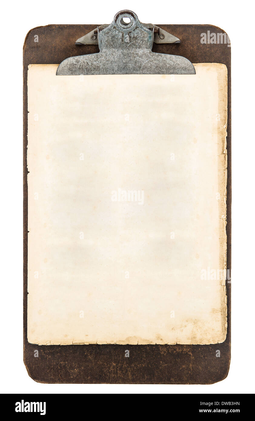 Antike Zwischenablage mit einem Blatt Papier isoliert auf weißem Hintergrund Stockfoto