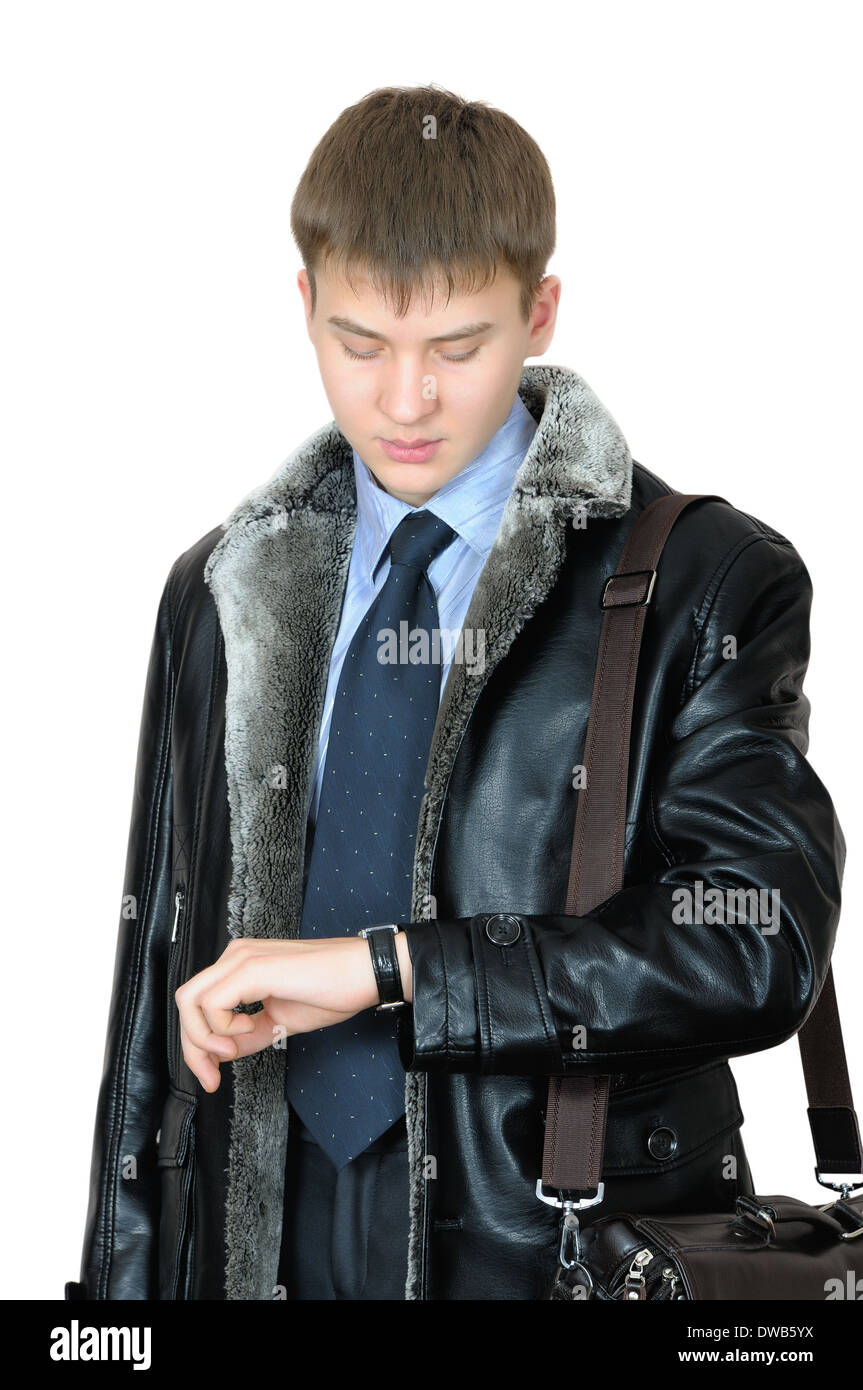 Respektable junger Mann gerade jener Stunde auf einer Armbanduhr Stockfoto