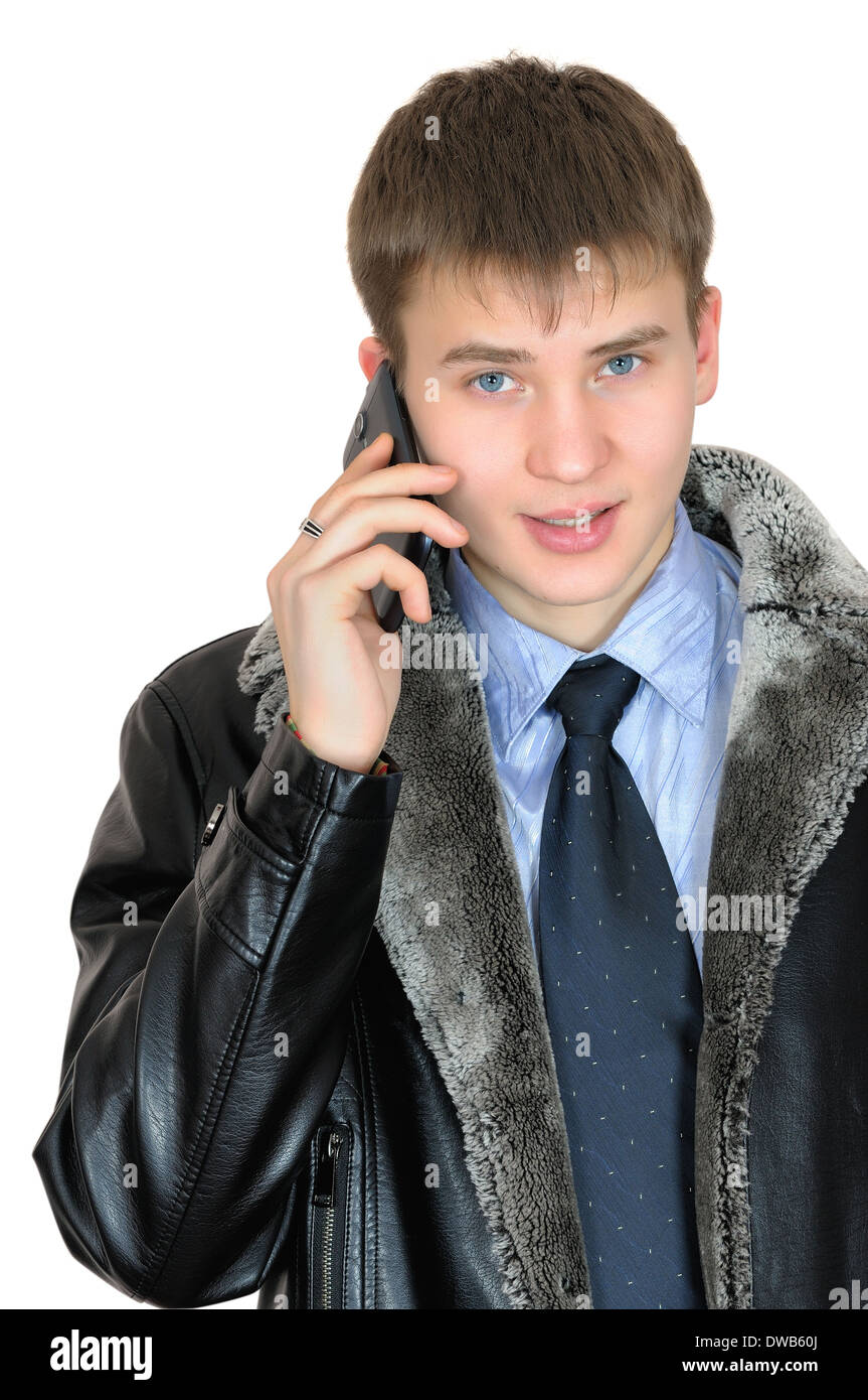 Junger Geschäftsmann telefonieren mit Handy. Isoliert auf weiss Stockfoto
