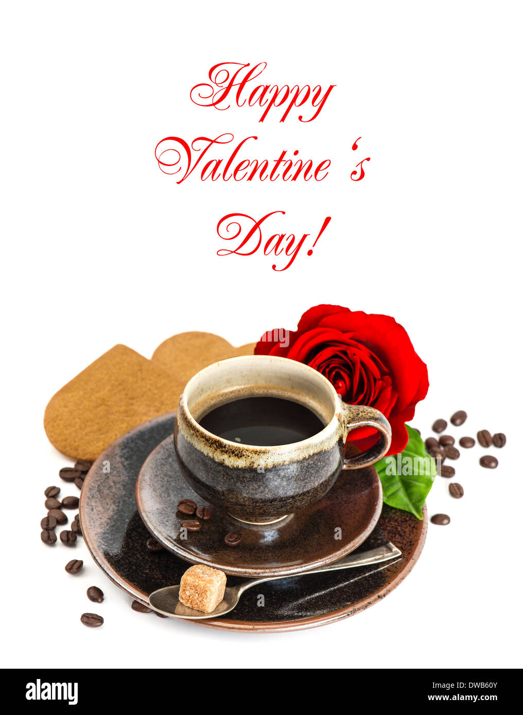 Kaffee, rote rose Blume und Herz Kuchen auf weißem Hintergrund. Festliches Arrangement mit Probe Text Happy Valentinstag! Stockfoto