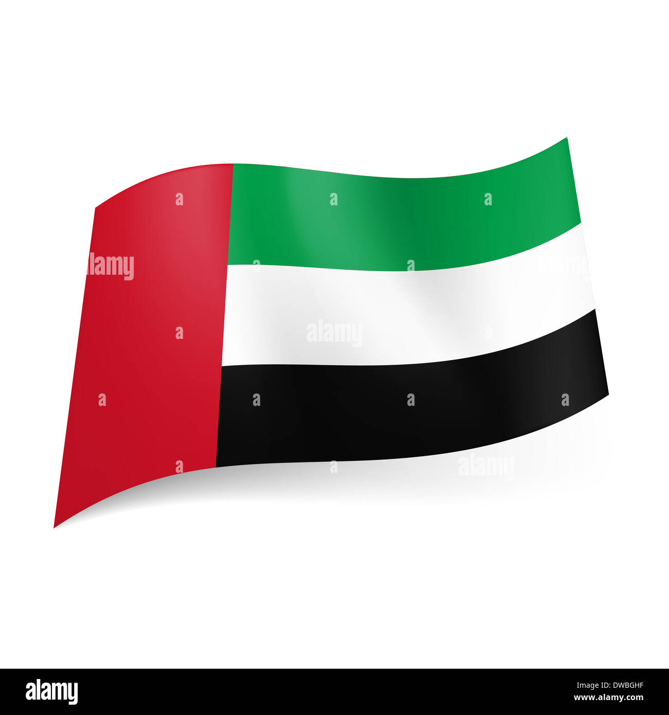 Flagge der Vereinigten Arabischen Emirate: grüne, weiße und schwarze Querstreifen mit roter vertikale Streifen auf der linken Seite. Stockfoto