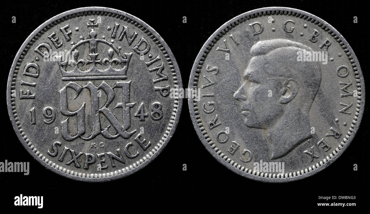 6 Pence Münze, König George VI, UK, 1948 Stockfoto