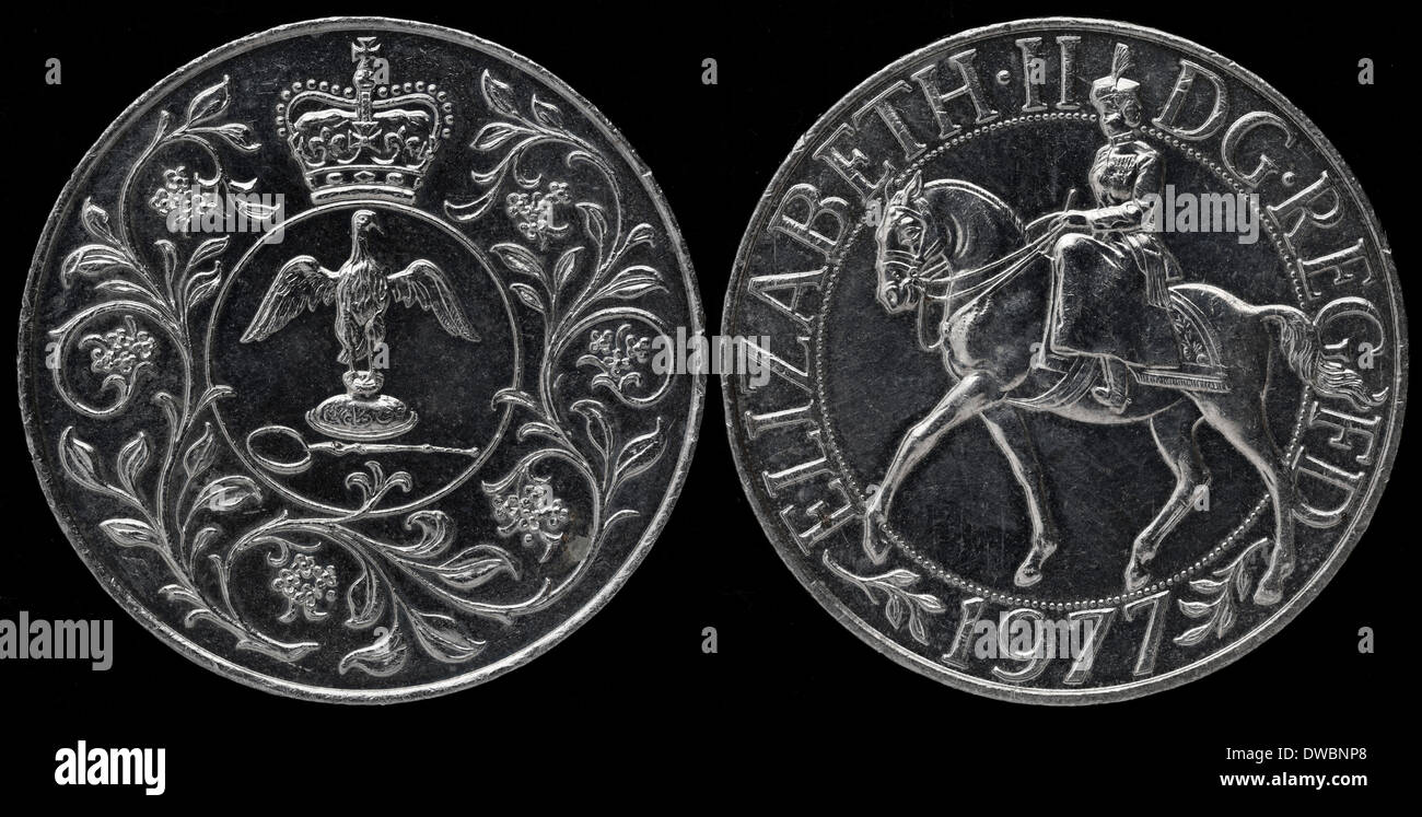 25 neue Pence-Münze, silbernes Jubiläum der Herrschaft von Königin Elizabeth II., UK, 1977 Stockfoto