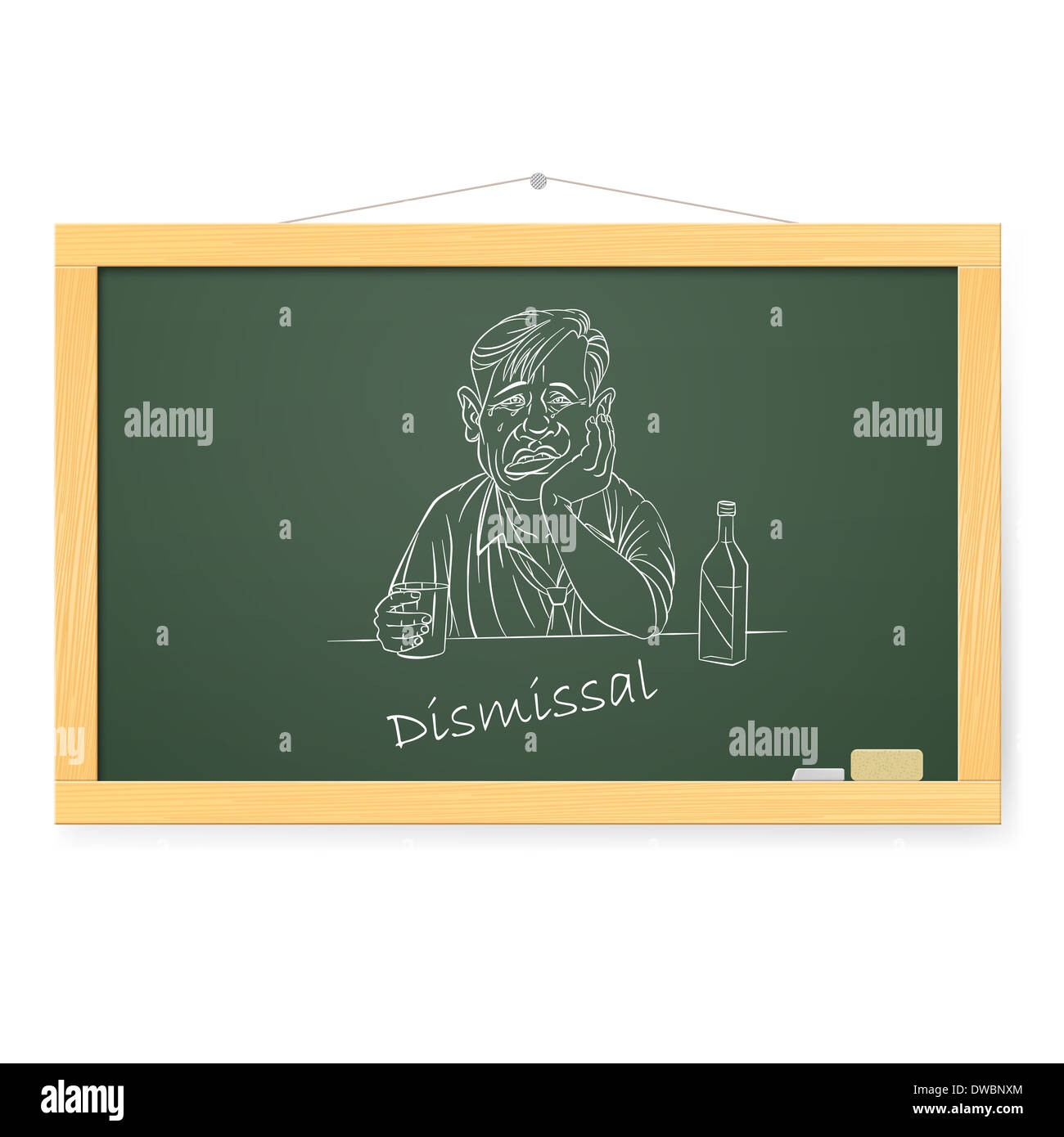 Tafel mit traurigen Geschäftsmann mit einer Flasche. Abbildung auf weiß Stockfoto