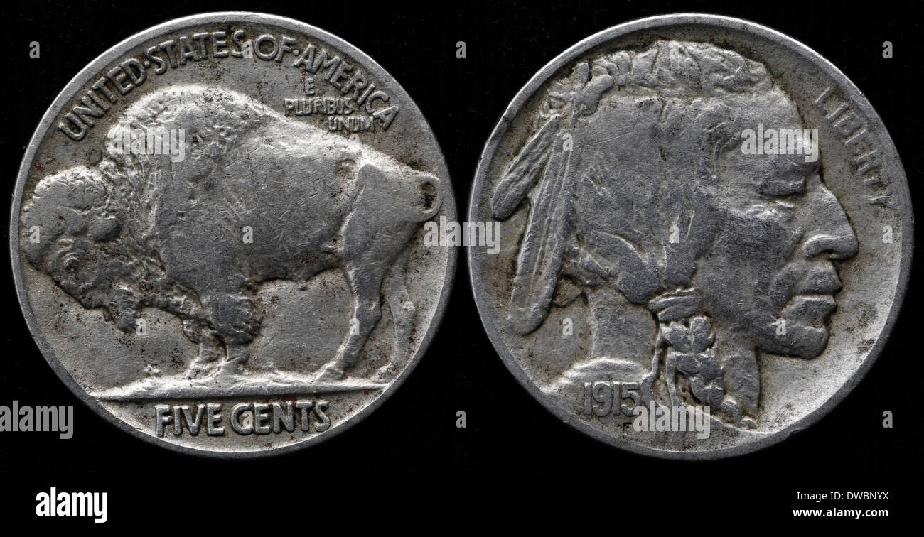 5 Cent Münze, Buffalo Nickel, USA, 1915 Stockfoto