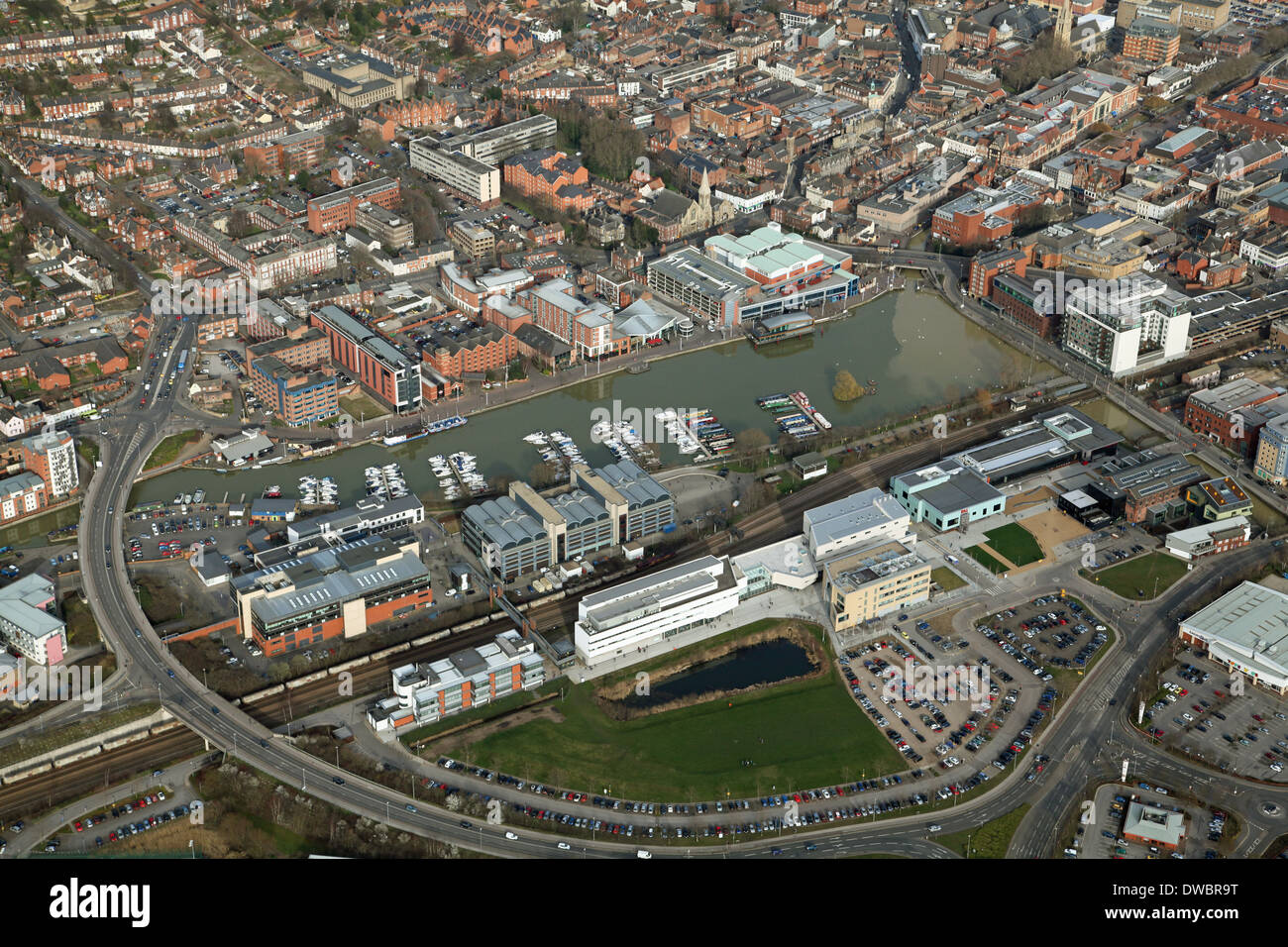 Luftbild von Brayford Pool und The University of Lincoln in Lincoln Stadtzentrum Stockfoto