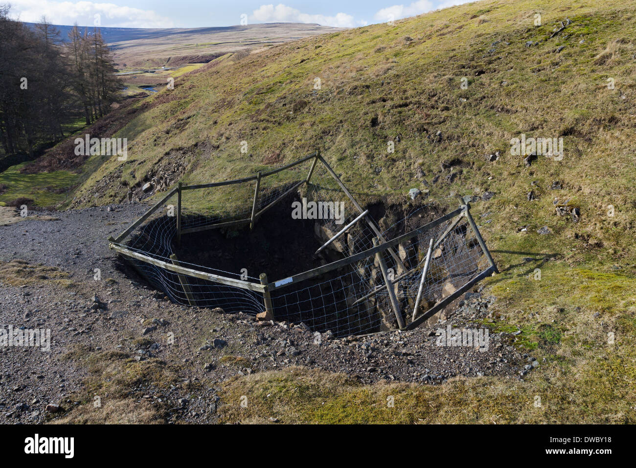 Schacht, die durch Starkregen in Bollihope Weardale Nordost England UK zusammengebrochen Stockfoto