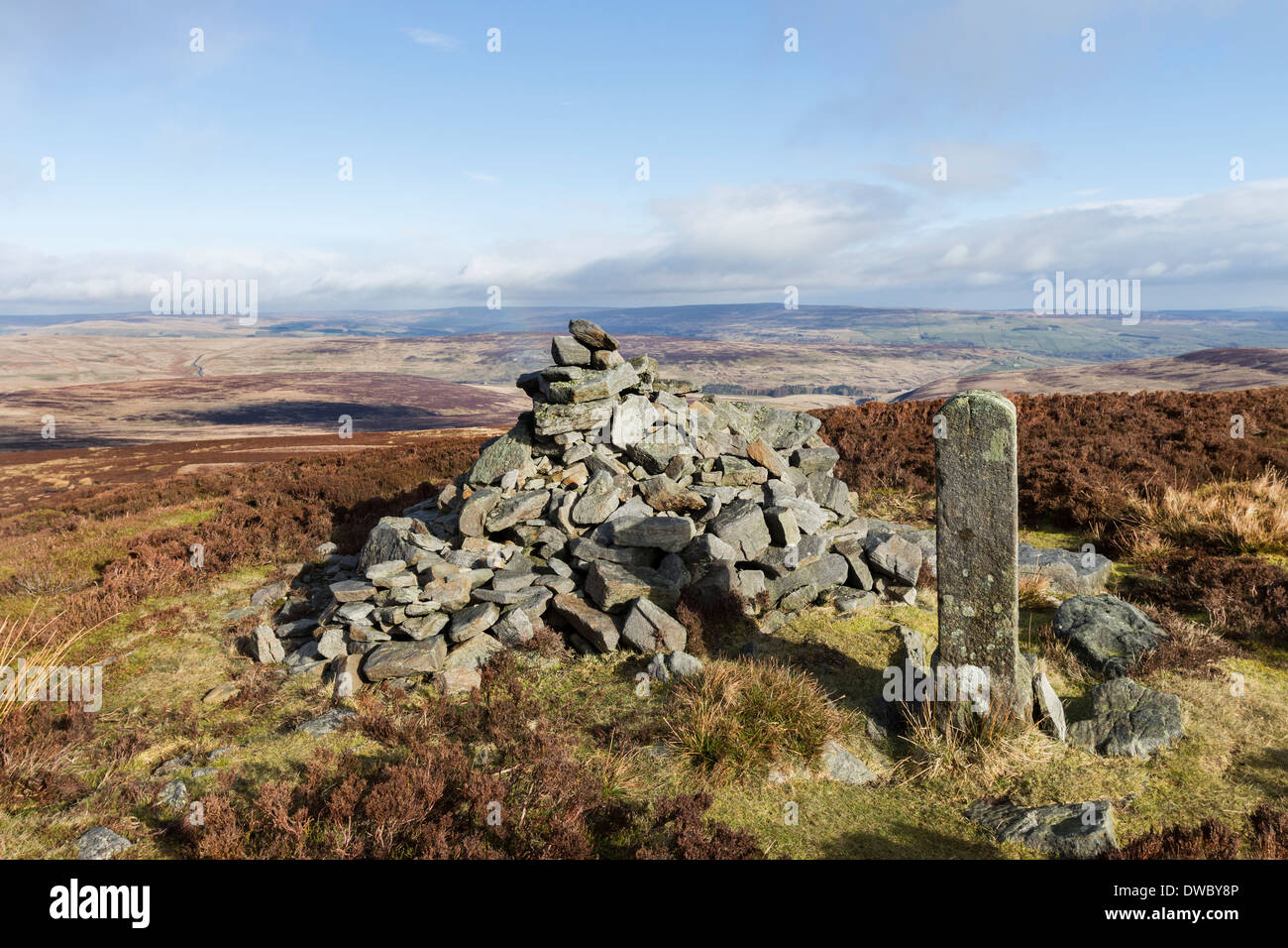 Der lange Mann Currick und Teesdale und Weardale Grenzstein mit Blick Norden in Weardale County Durham UK Stockfoto