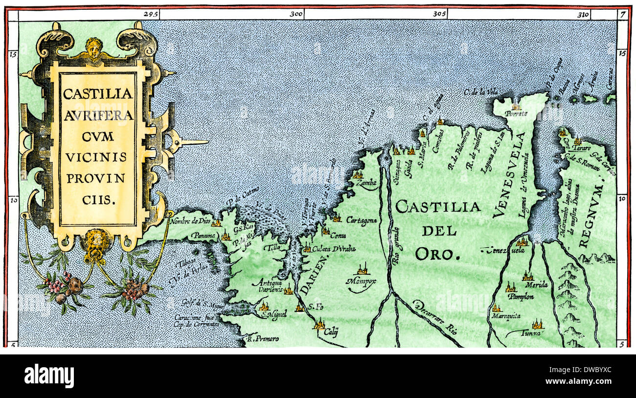 Kastilien del Oro (Gold Coast) im nordöstlichen Südamerika, wie von Wytfliet, 1597 bekannt. Hand - farbige Holzschnitt Stockfoto