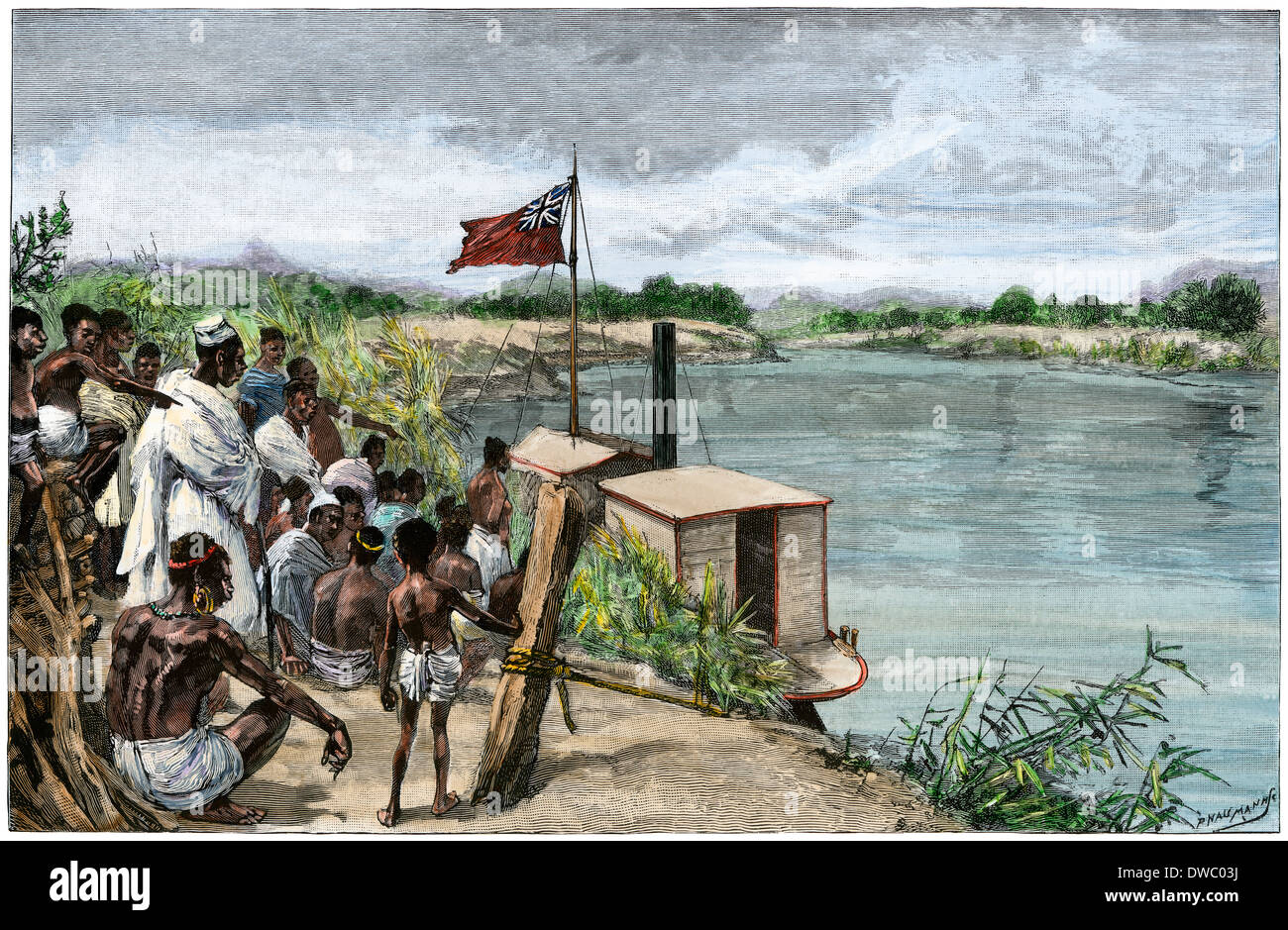 Händler heben die Britische Flagge auf der Ruo River im heutigen Mosambik, 1889. Hand - farbige Holzschnitt Stockfoto