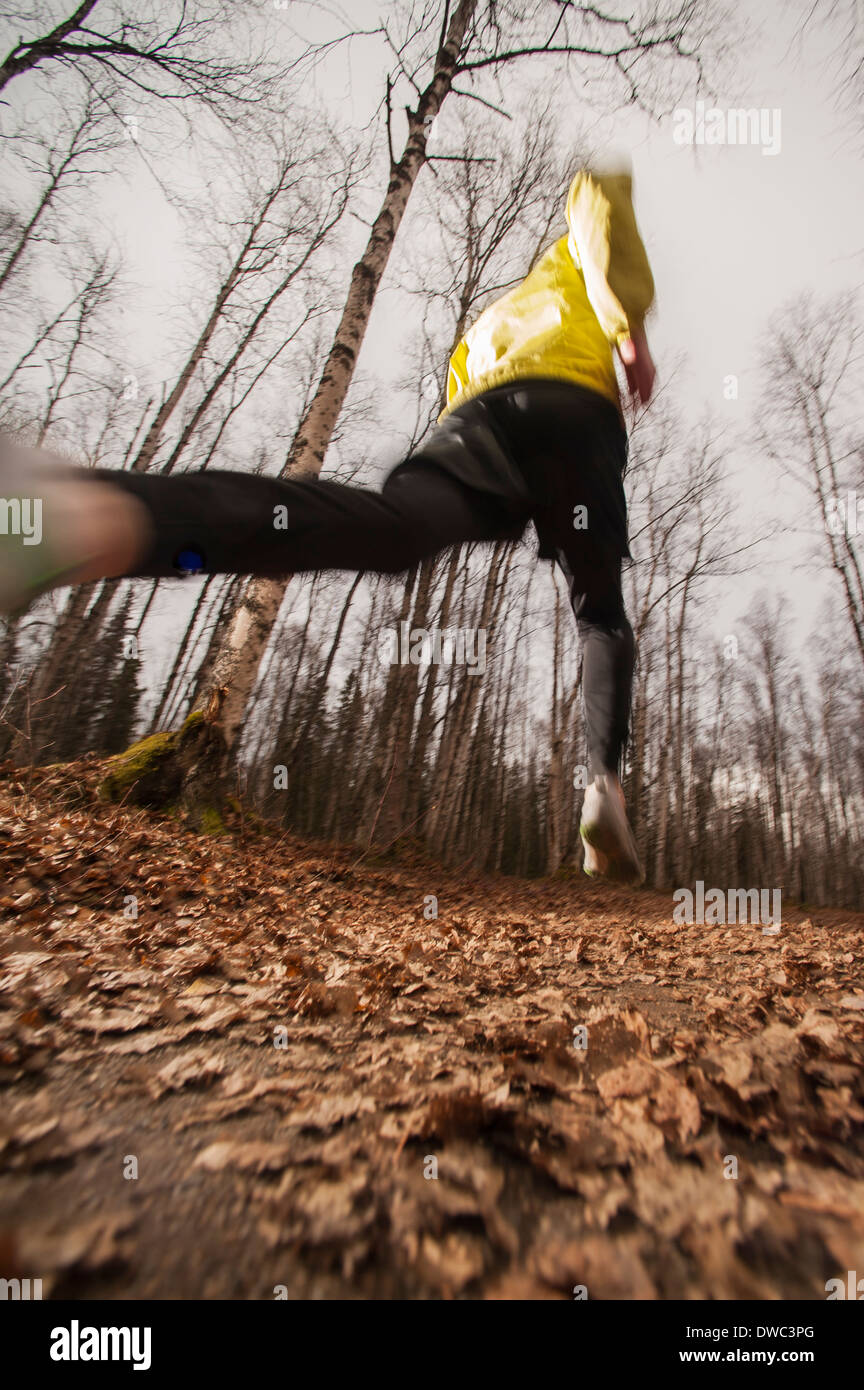 Niedrigen Winkel Aktion erschossen von einer Person Trailrunning auf Laub im Herbst Stockfoto