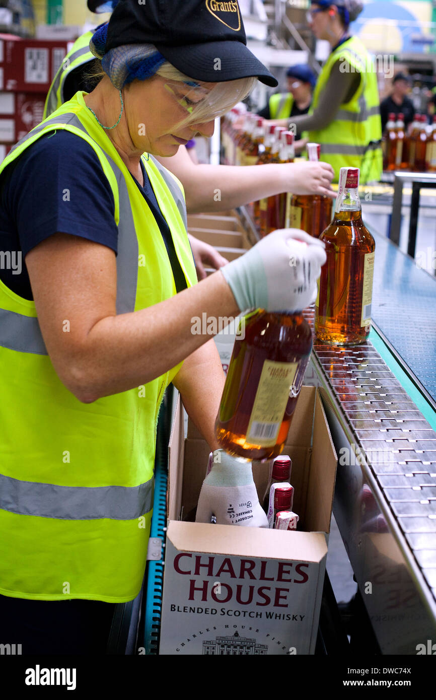 Arbeiter an der Produktionslinie kontrollieren und verpacken Whisky in Kästen in der Abfüllanlage von William Grant & Sons in Bellshill. Stockfoto