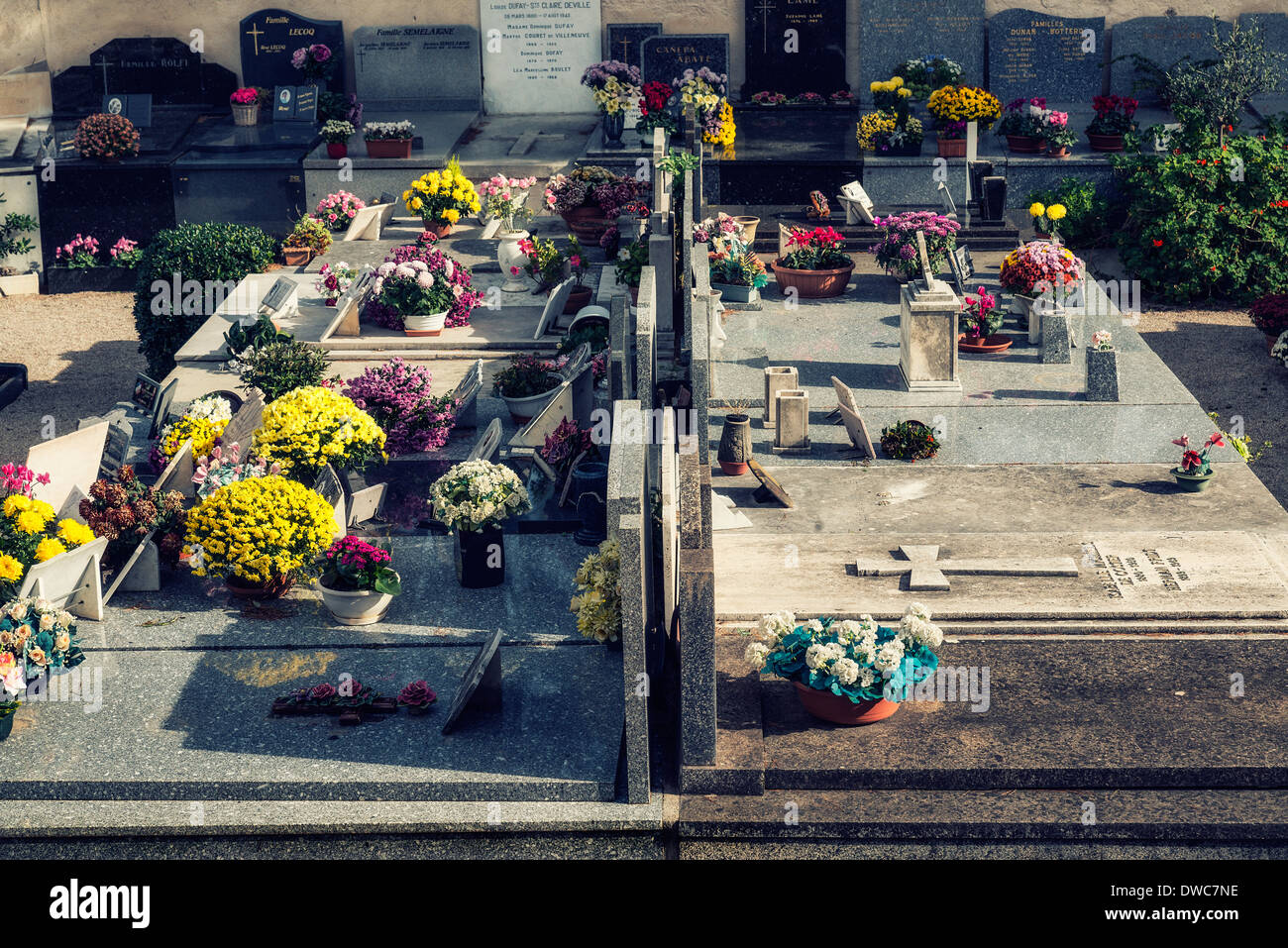 Frische Blumen schmücken die Grüften Dorffriedhof, Saint-Jean-Cap-Ferrat, Frankreich Stockfoto