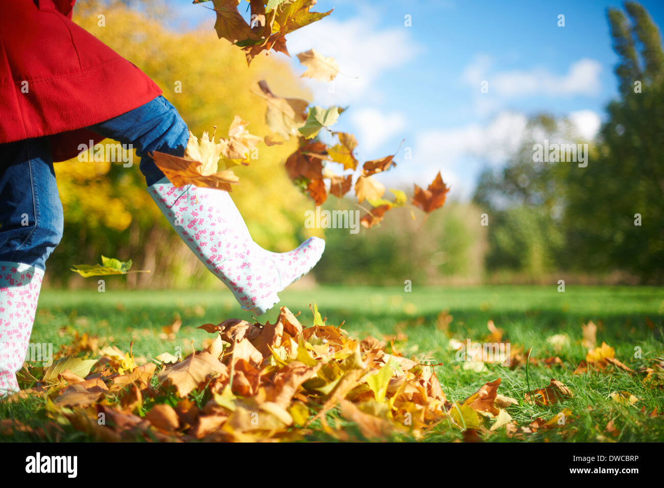 Zugeschnittenen Schuss von Reife Frau treten Herbst Blätter im park Stockfoto