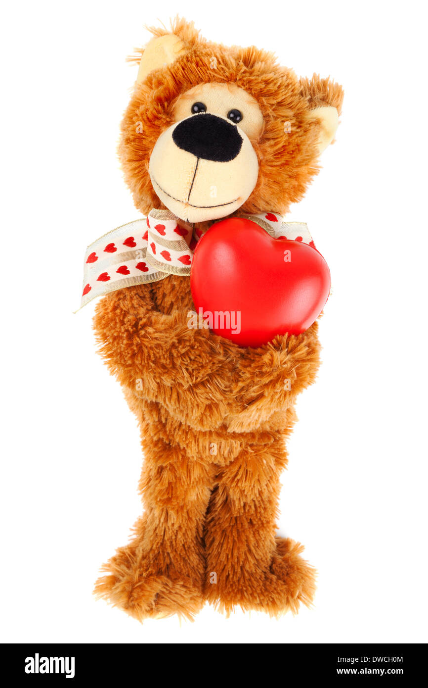 Teddybär mit roten Herzen auf weiß Stockfoto
