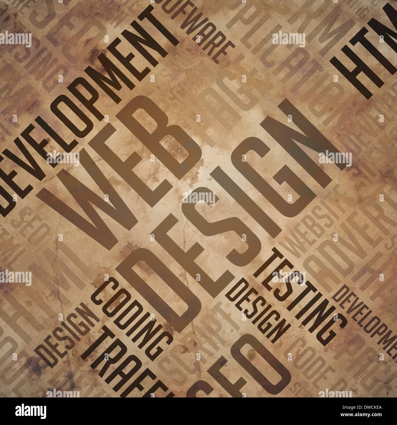 Web-Design - Grunge Wordcloud braun. Stockfoto