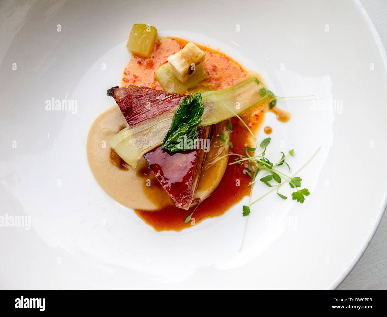 Geschmorter Schweinebauch und Sellerie zusammen mit eingelegten Äpfeln auf Sellerie schält mit Hummer Rogen in Weißweinsauce Stockfoto