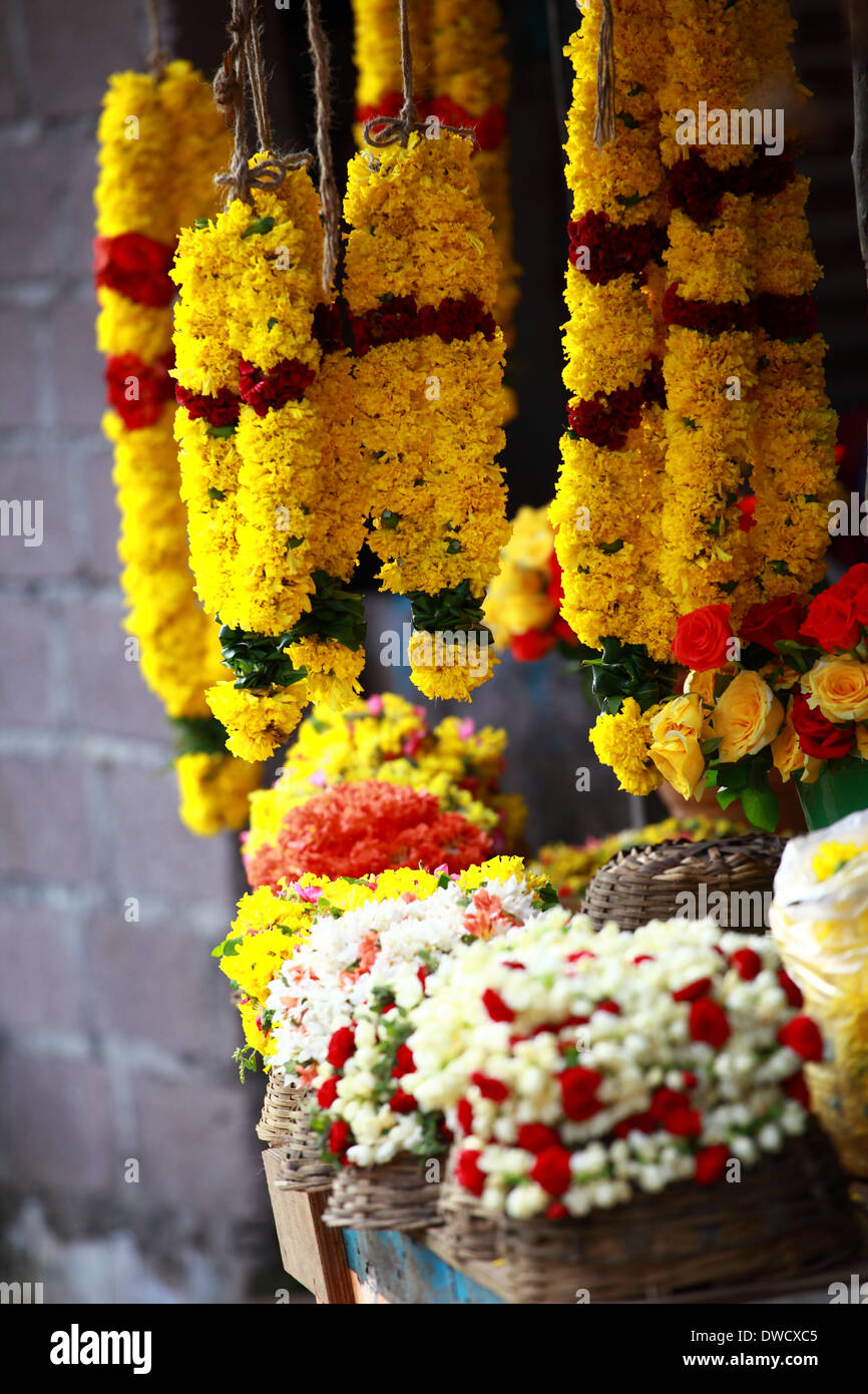 Blumengirlanden für hinduistische fromme Zeremonie Stockfoto