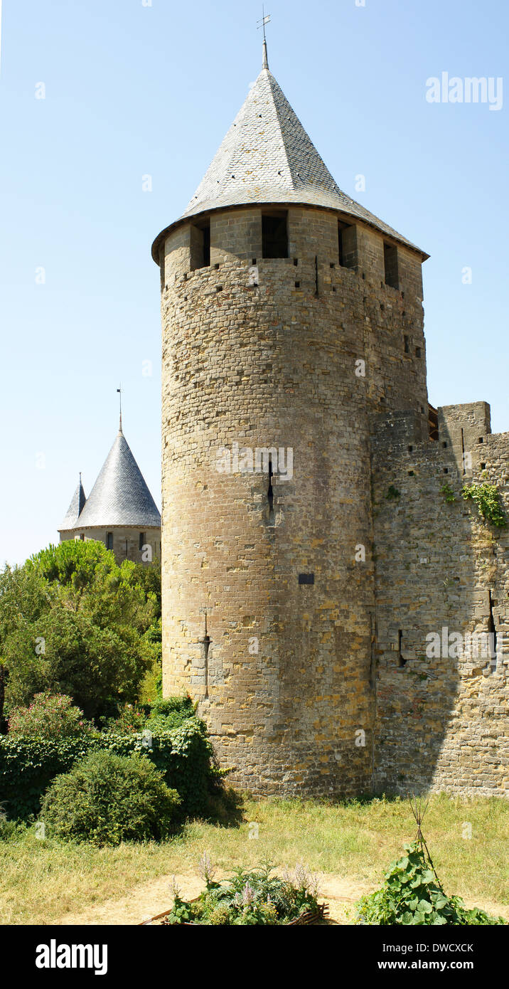 Carcassonne Schlossturm - mittelalterliche Burg Katharer Zinnen Stockfoto