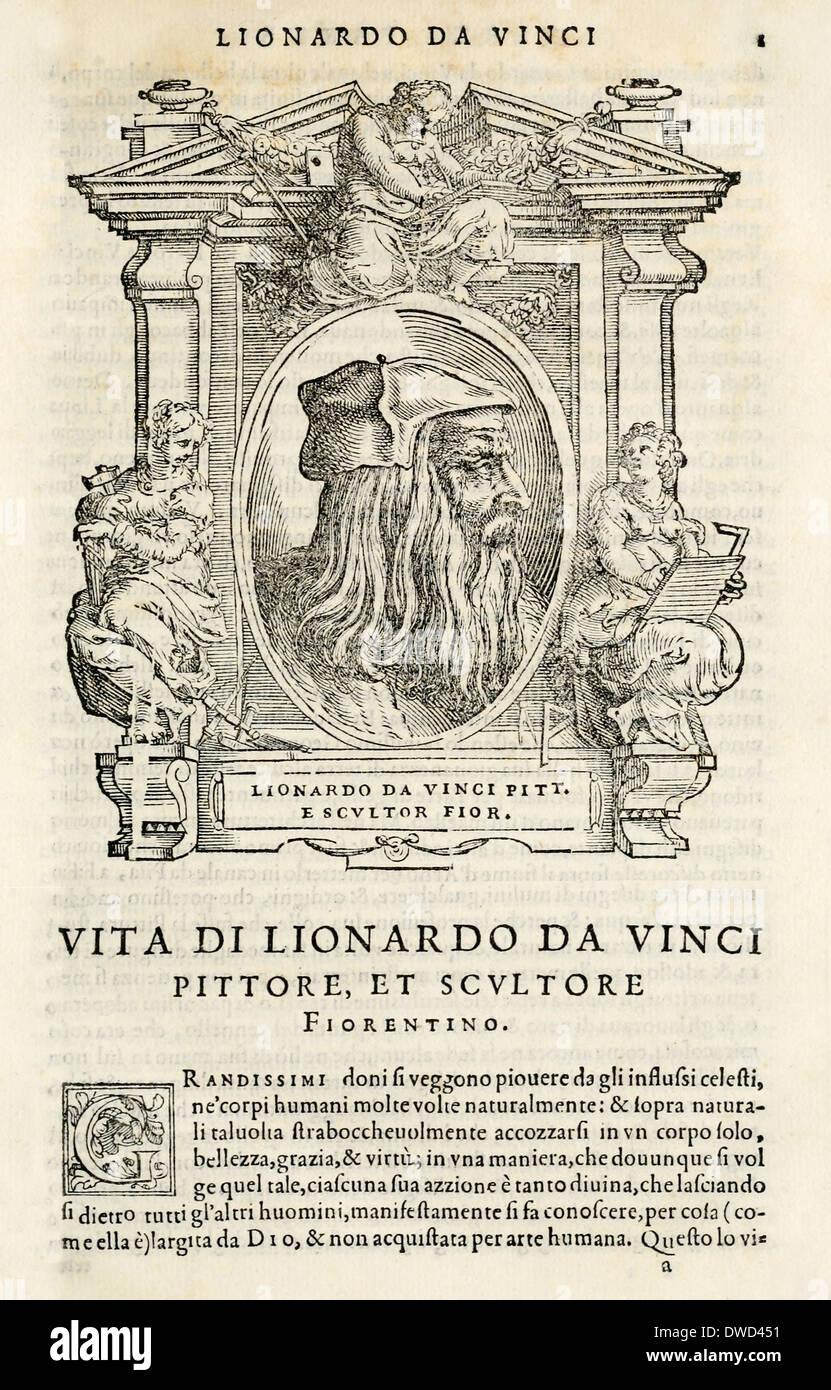 Holzschnitt-Porträt von Leonardo da Vinci aus Le Vite de' Piv Eccellenti Pittori, Scvltori, et Architettori 1568 von Giorgio Vasari Stockfoto