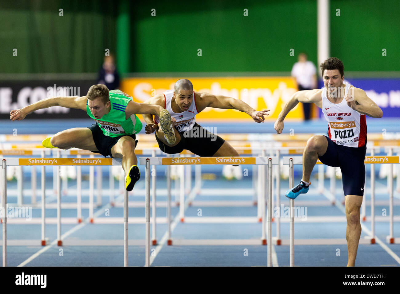 David KING, Andrew POZZI, Nick GAYLE, 60m Hürden Finale britischen Leichtathletik Indoor-Sheffield England UK. Stockfoto