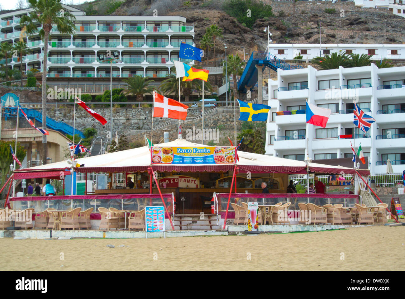 Restaurant, Strand, Puerto Rico, Insel Gran Canaria, Kanarische Inseln, Spanien, Europa Stockfoto