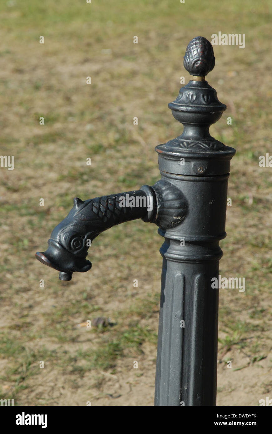 Altmodischer, gusseiserner Süßwasserhahn für den Außenbereich in Form eines Fischs. Trinkwasser. Stockfoto