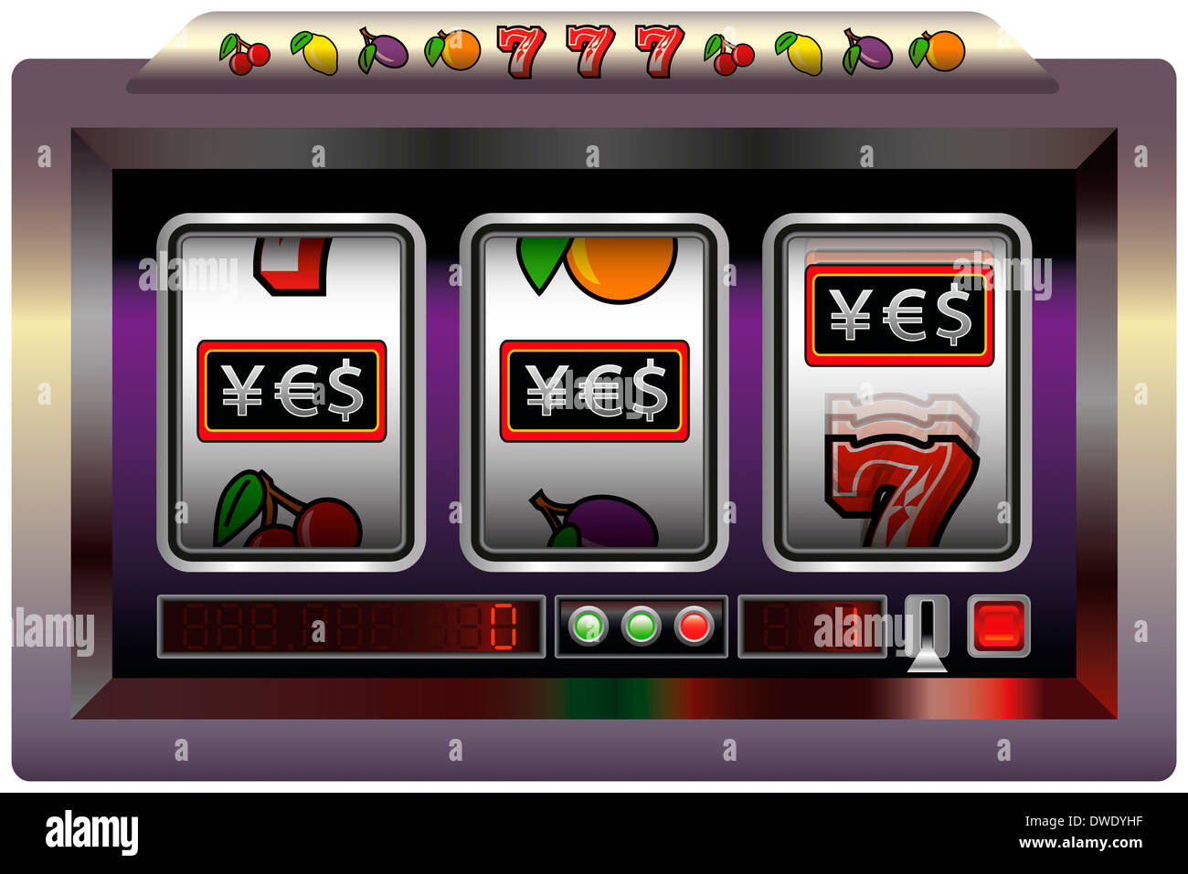 Beispiel für ein Spielautomat mit drei Walzen, Spielautomaten Symbole und der Schriftzug ja (Yen-Euro - und Dollar-Zeichen). Stockfoto